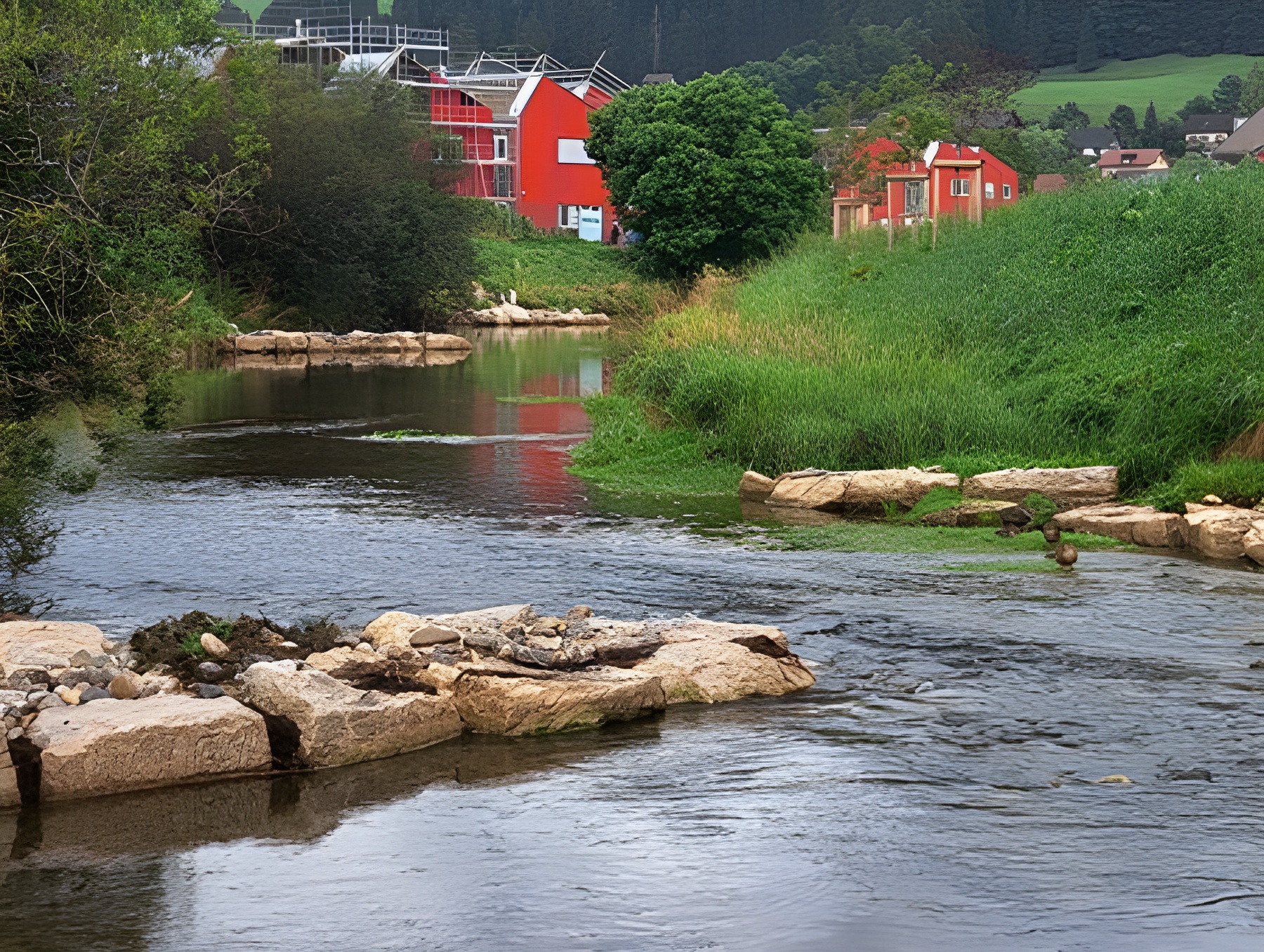Revitalisation de l’Orbe supérieure, commune du Chenit (VD) - Eaux superficielles - Triform - Cours d'eau et maisons rouges